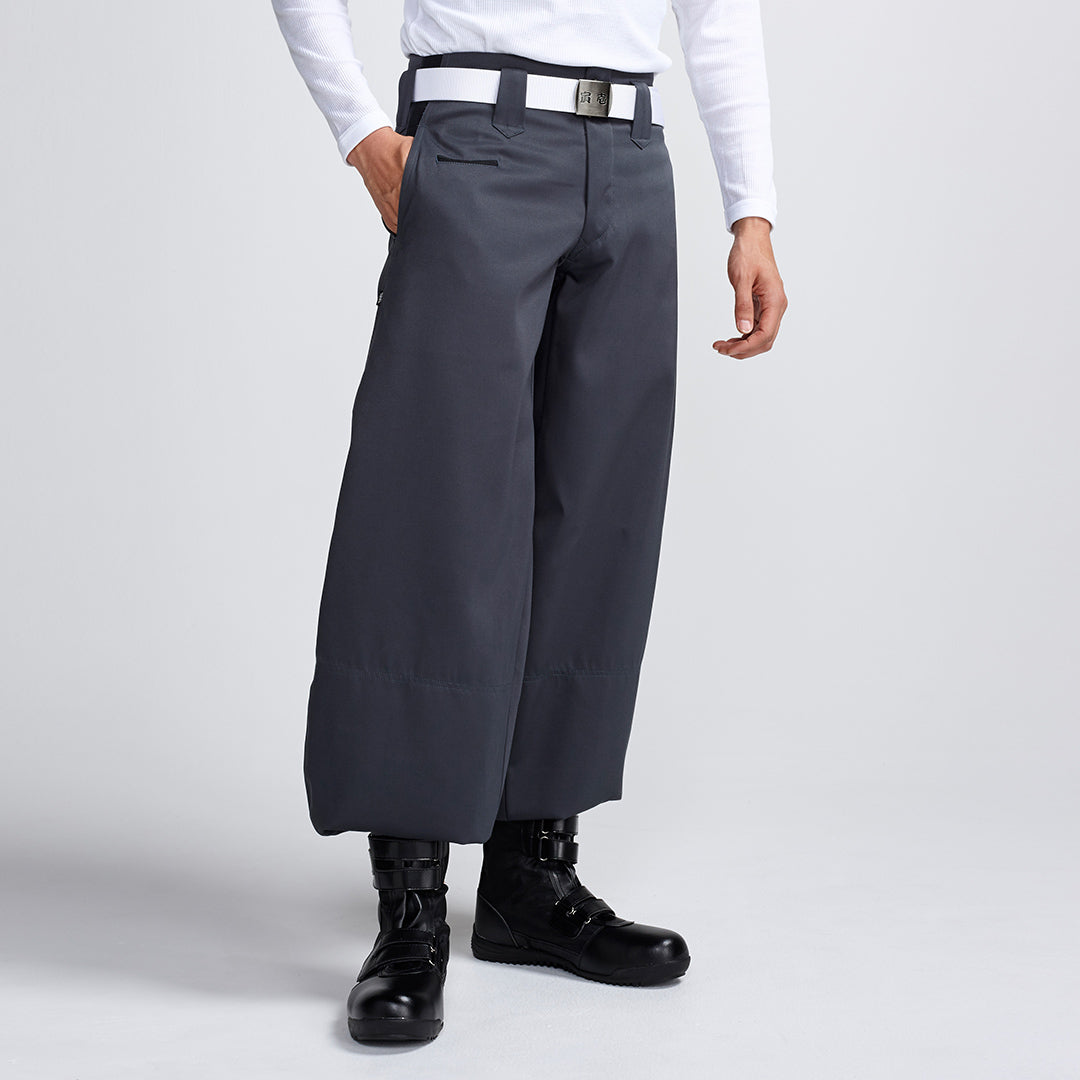 Toraichi tobi pants in ink grey, styled with a white belt and black work boots