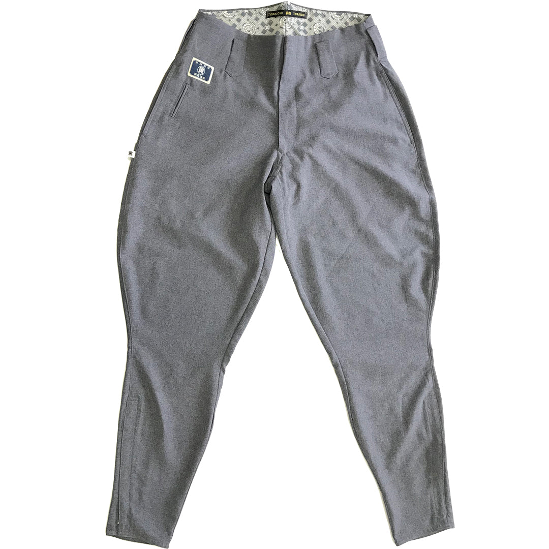 Toraichi grey horse riding pants front flat lay with slim tapered cut