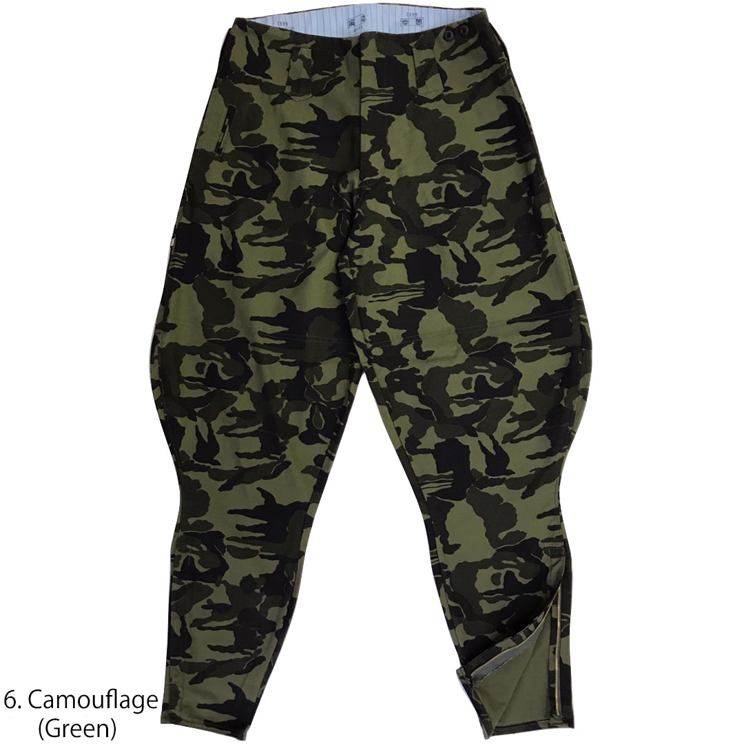 Front view of Toraichi tobi pants in camouflage green pattern