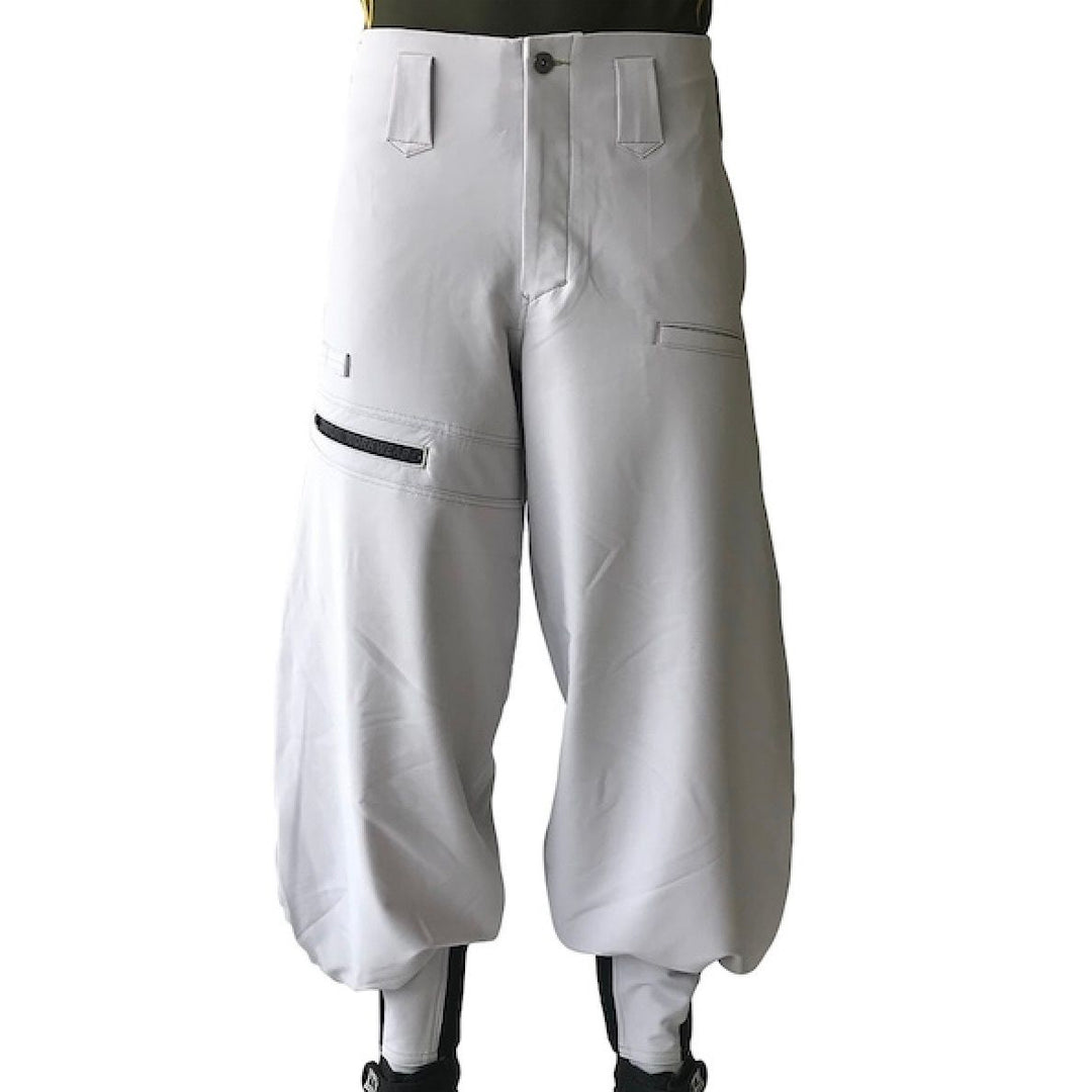 Front view of silver Toraichi tobi pants with wide ballooned legs