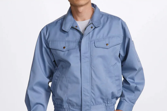 Men’s light blue work jacket with front pockets and zipper closure