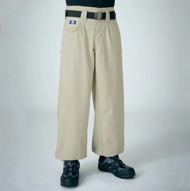 Beige wide-leg work pants with belt and relaxed fit