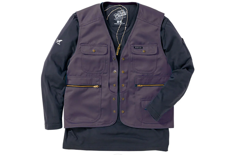 A dark purple utility work vest with multiple flap and zippered pockets, layered over a black long-sleeve shirt and displayed against a light gray background.