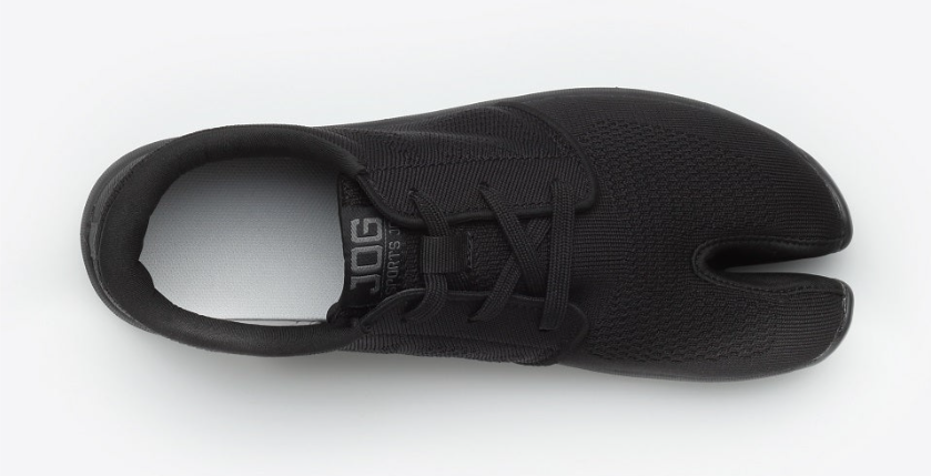 A top-down view of a black split-toe work shoe with laces, shown against a light gray background.