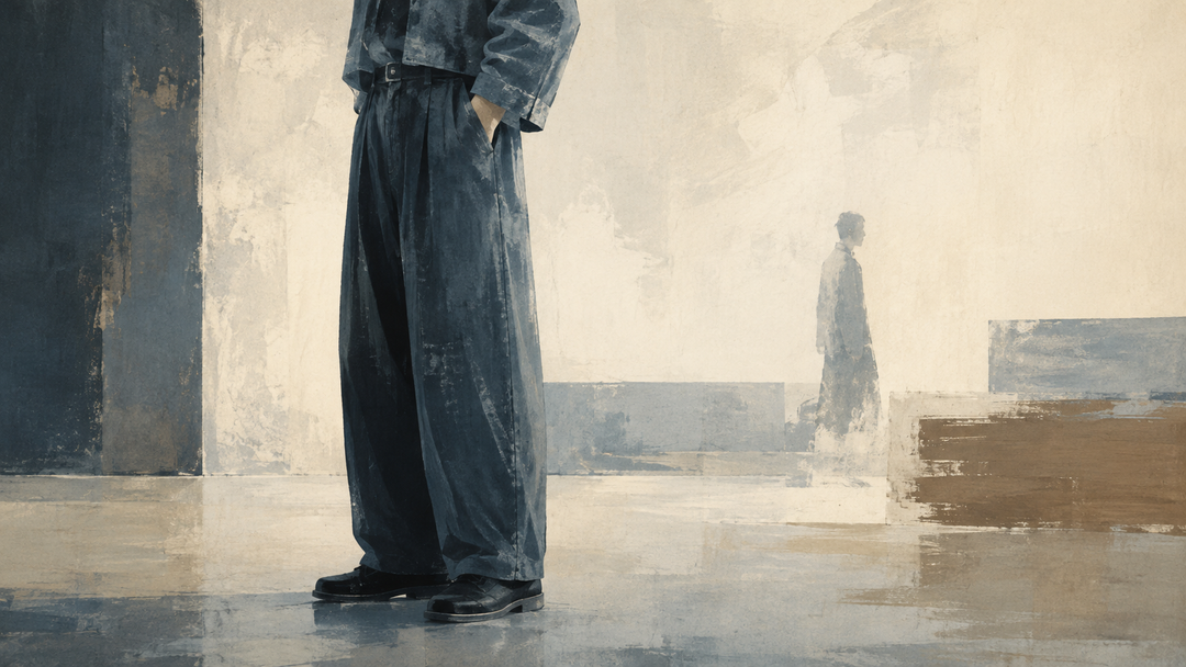 Abstract painting of a man wearing oversized dark indigo baggy pants in a minimalist workwear setting, highlighting their wide silhouette and modern professional styling.