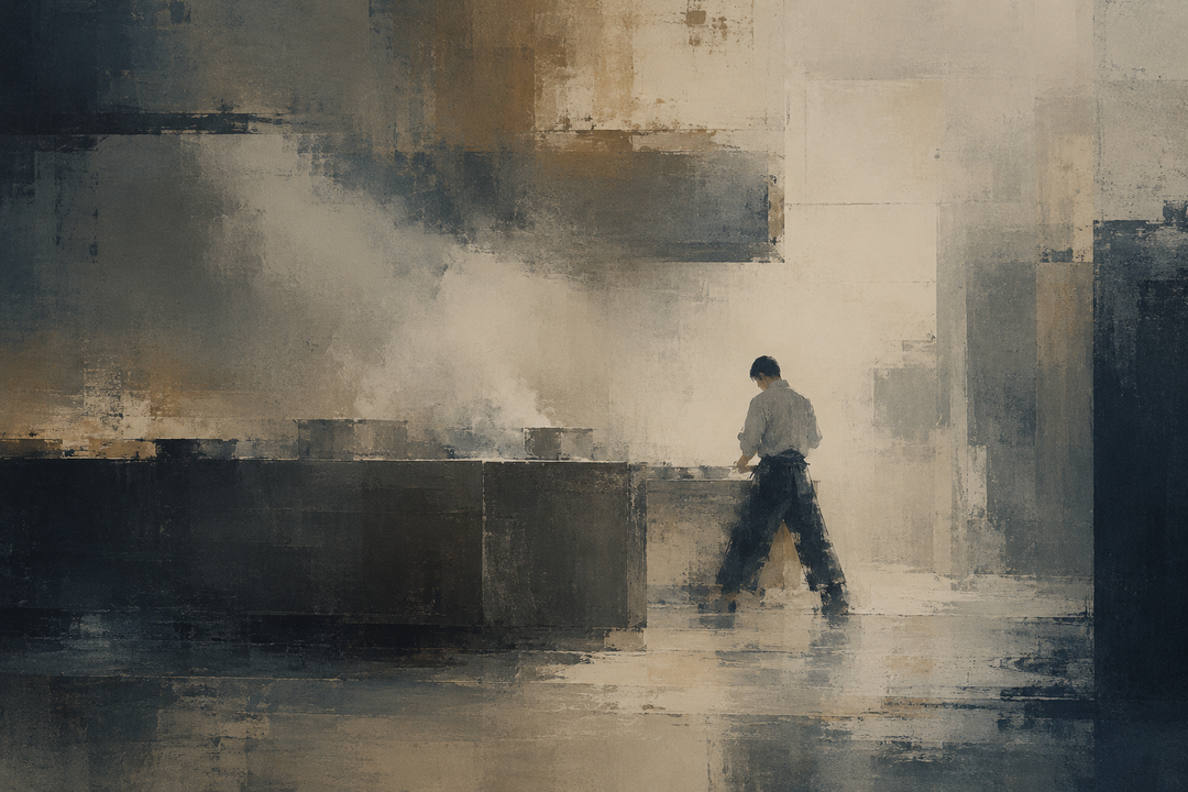 Abstract painting of a chef in loose work trousers standing in a kitchen-like setting, evoking comfort, mobility, and the practical role of chef pants during long shifts.
