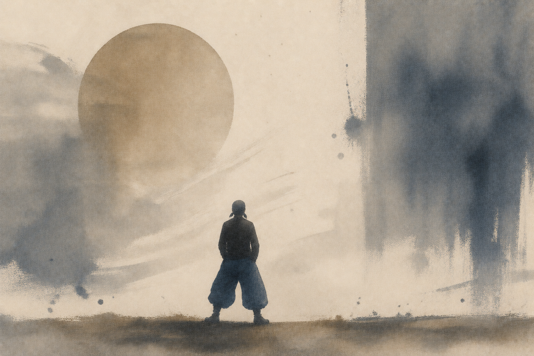 Abstract painting of a cowboy wearing sturdy work pants and boots in a warm, sunlit landscape, evoking fabric weight, heat, and comfort during summer work.