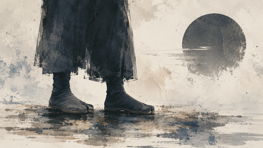 Abstract painting of split-toe tabi and jikatabi footwear in muted indigo tones, evoking the real Japanese shoes that inspired Demon Slayer-style anime footwear.