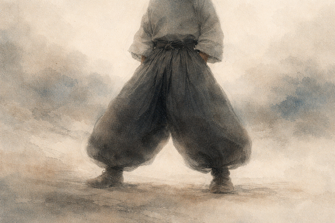 A close-up view of traditional Japanese work pants worn by a craftsman, highlighting their wide silhouette and grounded stance—showing how Japanese work pants remain practical for daily life through comfort, balance, and unrestricted movement.