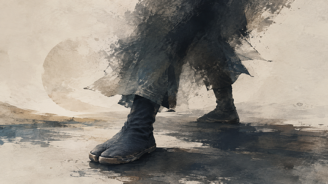Abstract painting of split-toe jikatabi-style boots and flowing dark clothing, evoking the ninja footwear associated with Naruto and traditional Japanese work shoes.