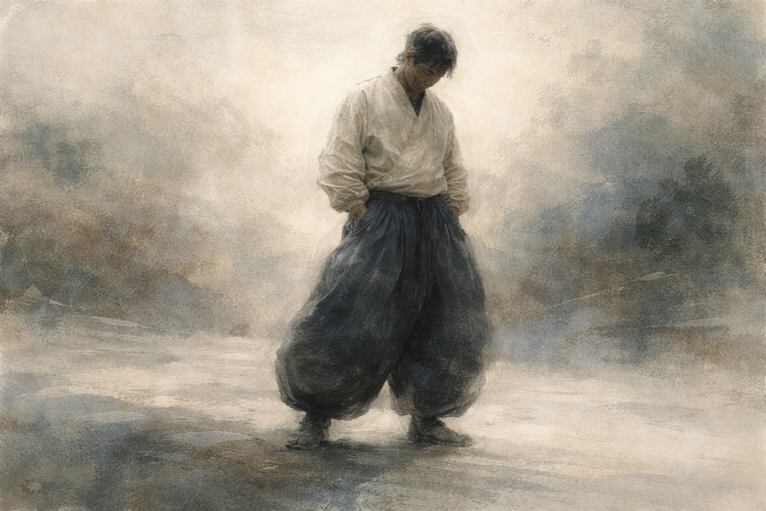 Person wearing traditional Japanese tobi pants outdoors, highlighting the voluminous shape, lightweight fabric, and relaxed posture that emphasizes comfort and freedom of movement.