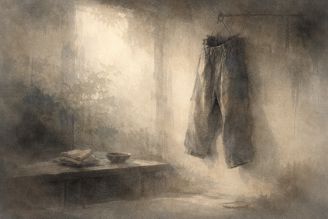 A pair of tobi pants hangs quietly in a softly lit interior, highlighting their relaxed volume, natural drape, and timeless workwear design that suggests long-term use rather than a passing trend.