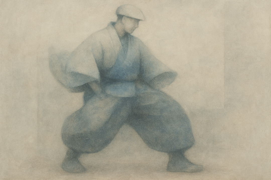 An artisan wearing traditional Japanese workwear moves into a grounded stance, highlighting layered construction, wide tobi-style pants, and the deep connection between craftsmanship, balance, and movement.