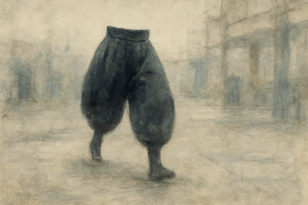 Authentic Japanese tobi pants are shown in motion within a misty worksite setting, emphasizing their distinctive volume, balance, and movement-driven design rooted in traditional construction wear.