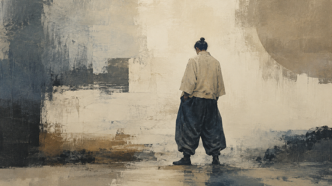 Abstract painting of a figure wearing loose Japanese baggy pants in a calm open space, emphasizing balanced proportions, comfort, and freedom of movement.