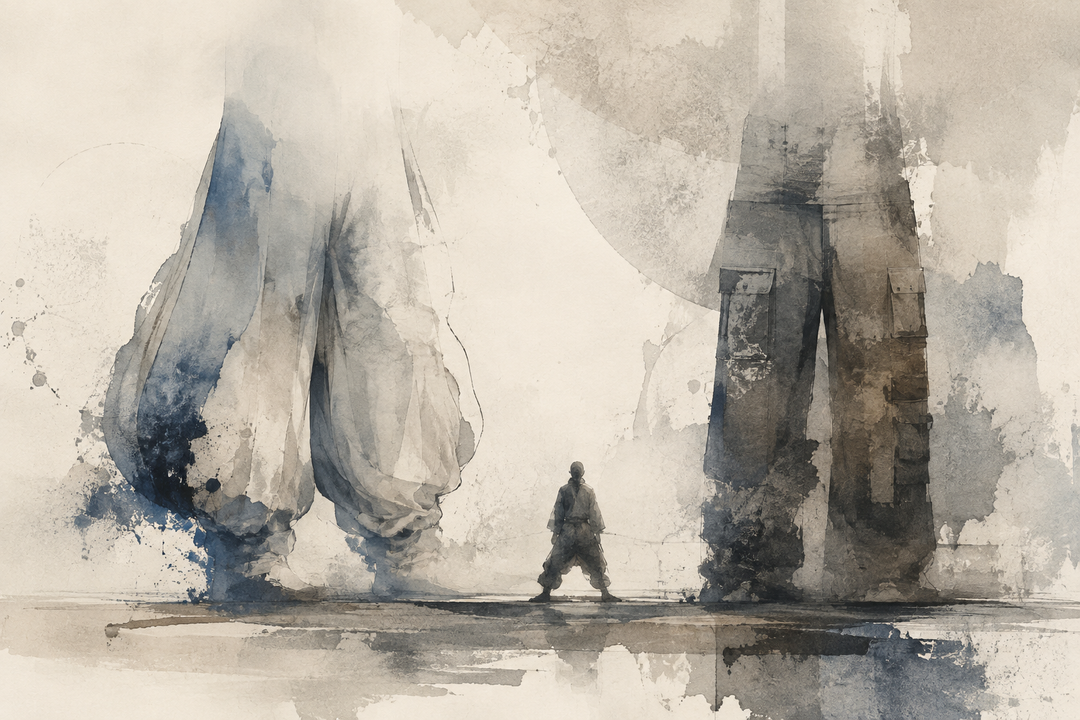 Abstract painting comparing loose baggy pants with structured tactical pants featuring utility pockets, highlighting differences in mobility, storage, and functional workwear design.