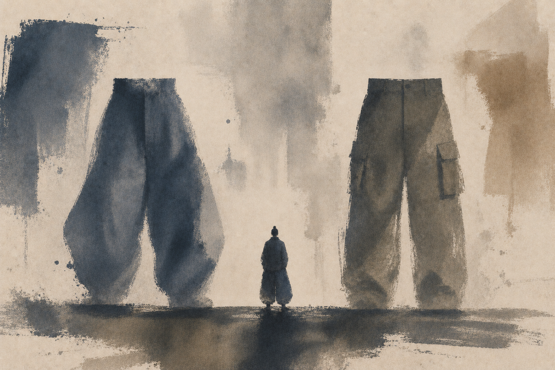 Abstract painting comparing loose baggy work pants with pocketed cargo pants, highlighting differences in silhouette, storage, mobility, and practical workwear design.