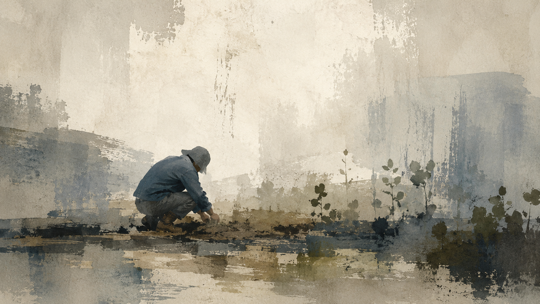Abstract painting of a home gardener kneeling among plants in loose, durable work pants, emphasizing comfort, mobility, and practical protection for gardening.