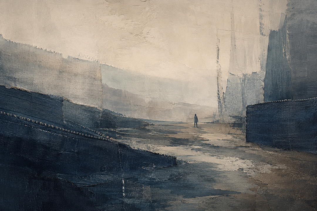 Abstract painting of layered indigo denim garments and textured fabric forms, evoking durable Japanese denim made for hard work and everyday wear.