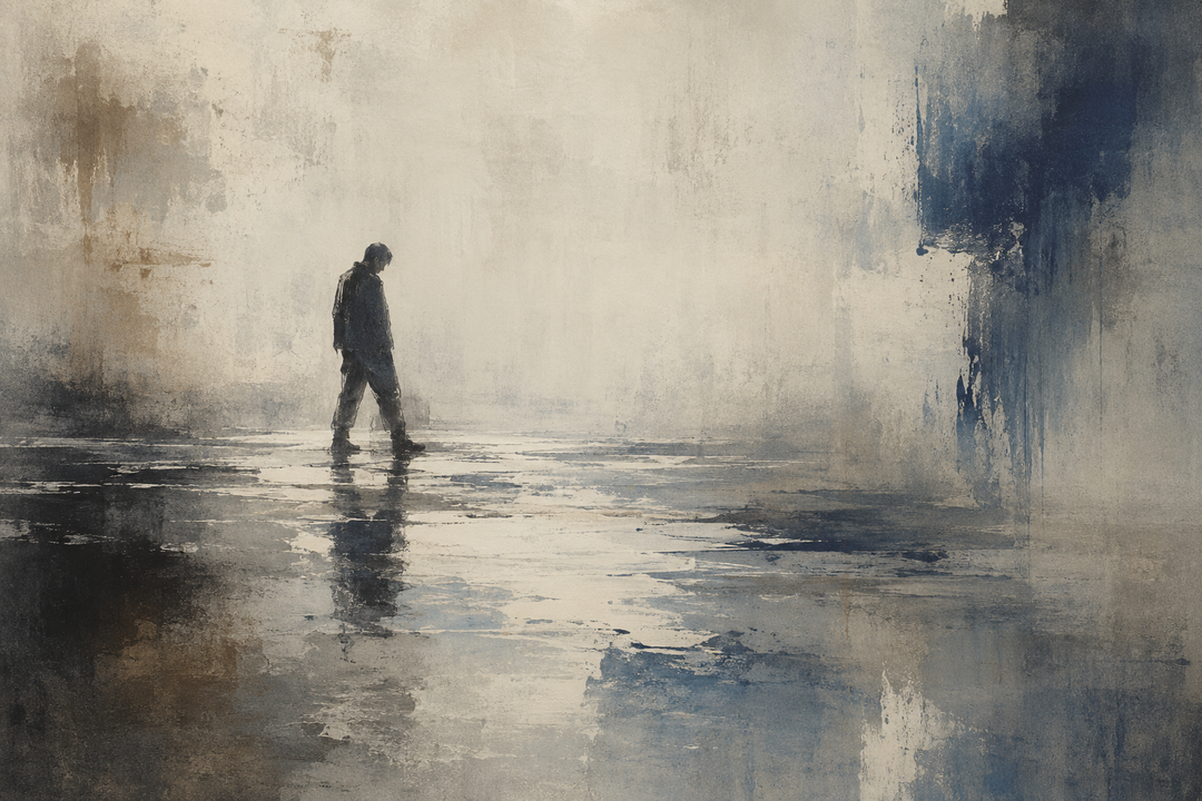 Abstract painting of sturdy work shoes standing on a wet, reflective construction surface, evoking slip resistance, grip, and safety in demanding jobsite conditions.