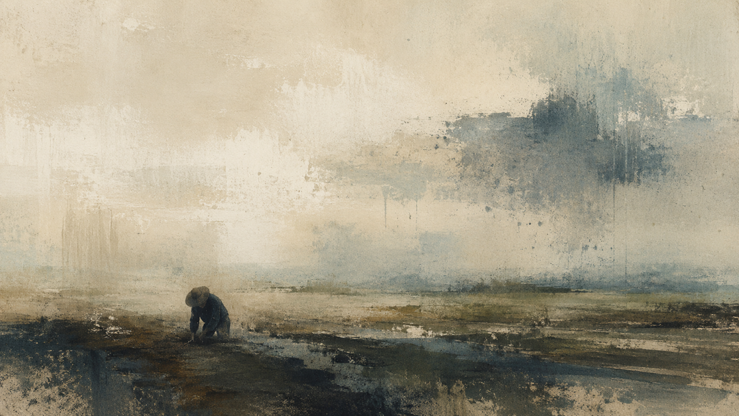 Abstract painting of a farm worker wearing durable field pants in a rural landscape, evoking duck canvas, denim, ripstop, and Japanese workwear built for agricultural use.