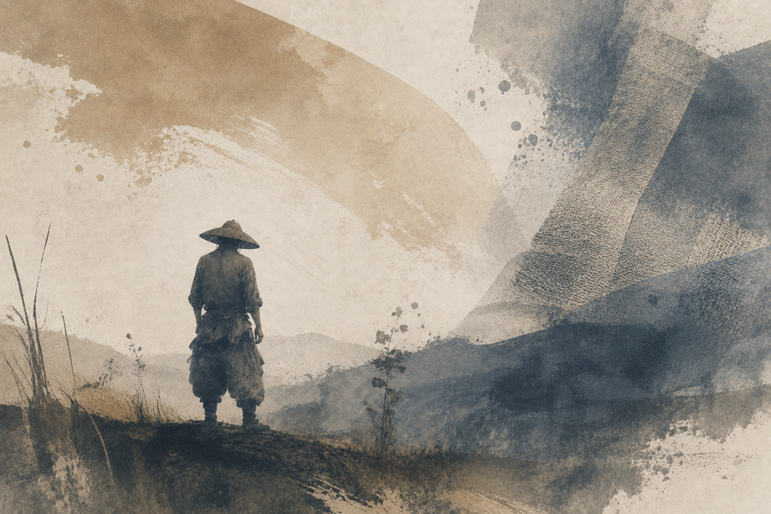 Abstract painting of a farm worker wearing loose, durable work pants and a wide straw hat in a rural landscape, evoking practical clothing for farming and agricultural work.