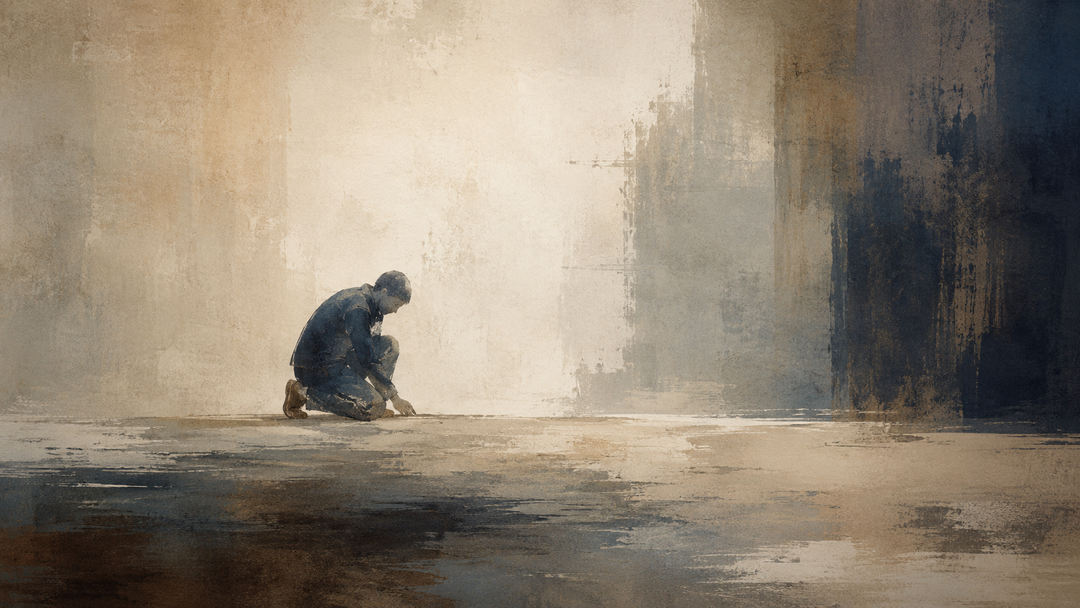 Abstract painting of a worker crouching in durable work pants with reinforced knee areas, emphasizing mobility, flexibility, and protection during kneeling tasks.