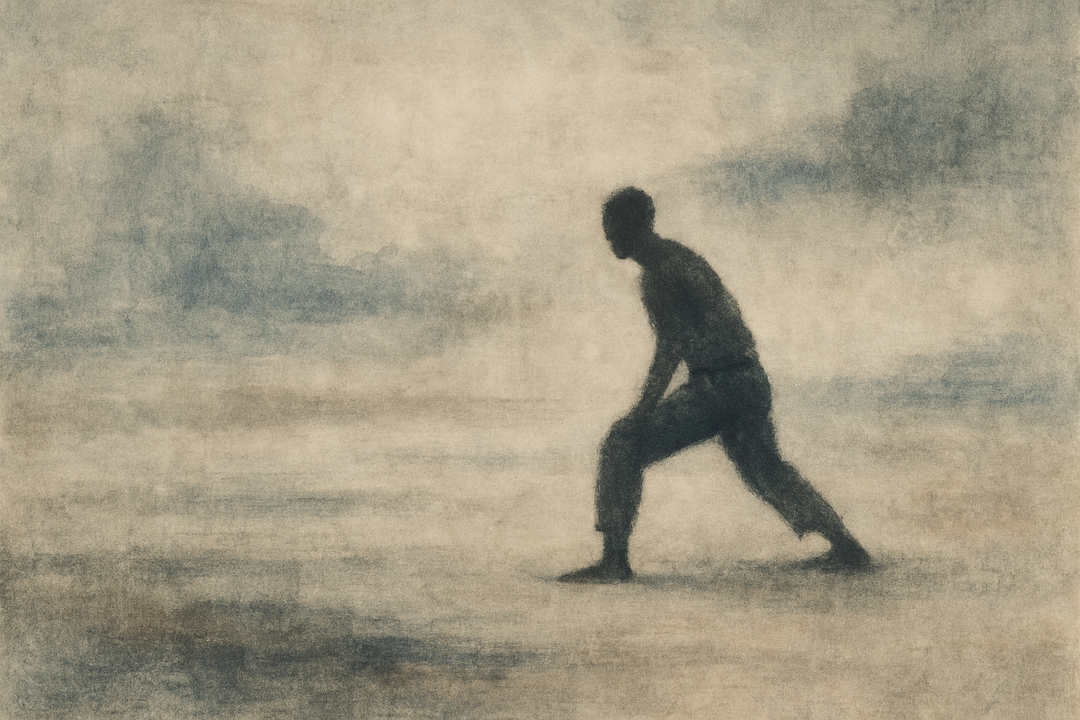A silhouetted figure in Japanese workwear strides forward through a misty, abstract landscape, emphasizing freedom of movement, balance, and functional design.