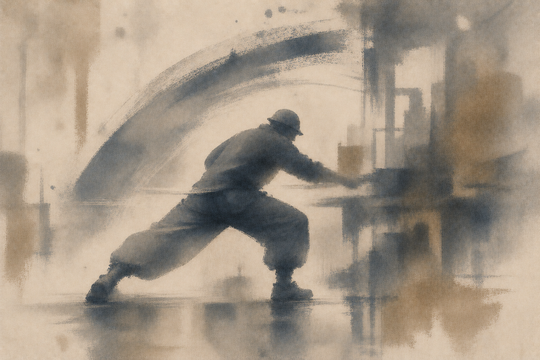 Abstract painting of a factory worker moving in loose, flexible work pants within an industrial setting, emphasizing mobility, comfort, and freedom of movement during physical work.