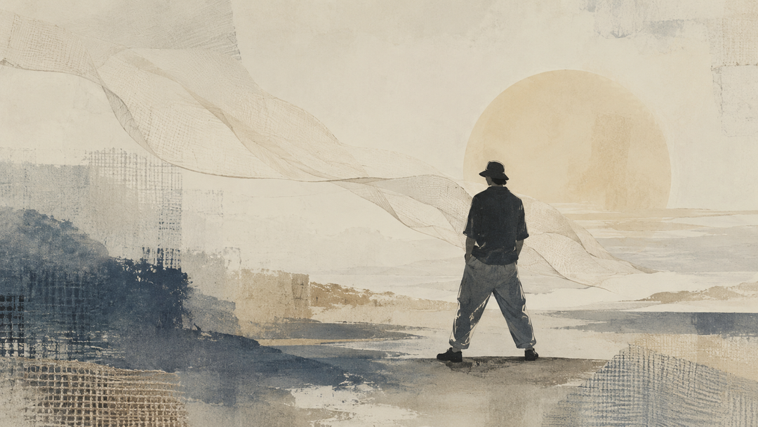 Abstract painting of a man in loose work pants standing in a light, airy landscape, evoking breathable fabrics, relaxed fit, and practical workwear for hot weather.