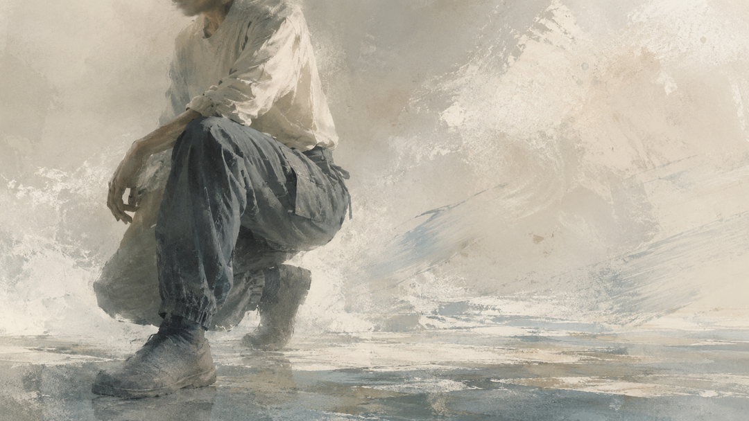 Abstract painting of a worker wearing loose, lightweight work pants in a bright, airy setting, evoking comfort and mobility for hot and humid conditions.
