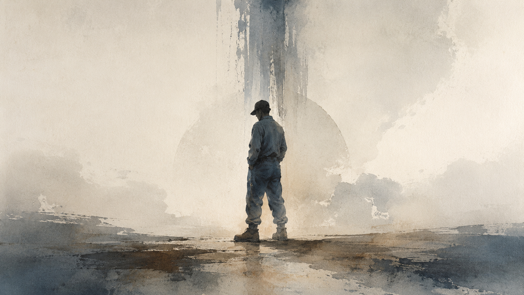 Abstract painting of a worker standing in worn work boots and loose workwear, evoking the relationship between footwear fit, support, posture, and back strain.