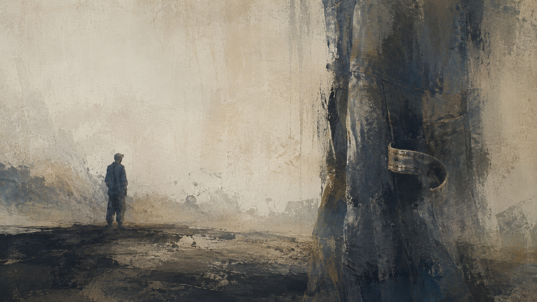 Abstract painterly image of a small worker figure facing a towering close-up of carpenter pants with a visible hammer loop, evoking tool carry, workwear function, and practical use.
