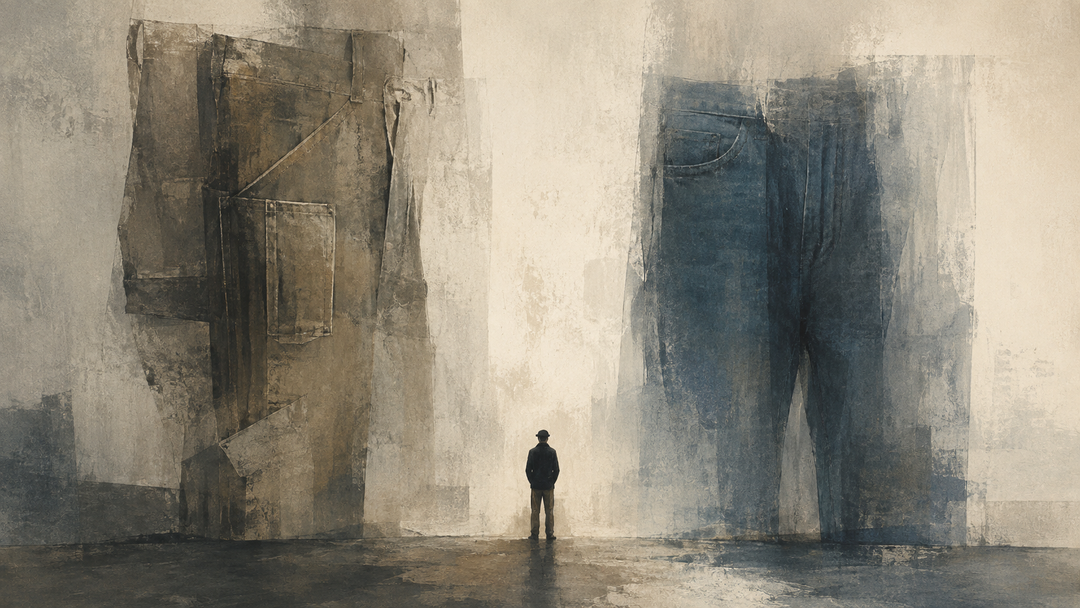 Abstract painting of oversized carpenter pants and jeans standing side by side with a small figure between them, suggesting a comparison of workwear function, fit, durability, and mobility.