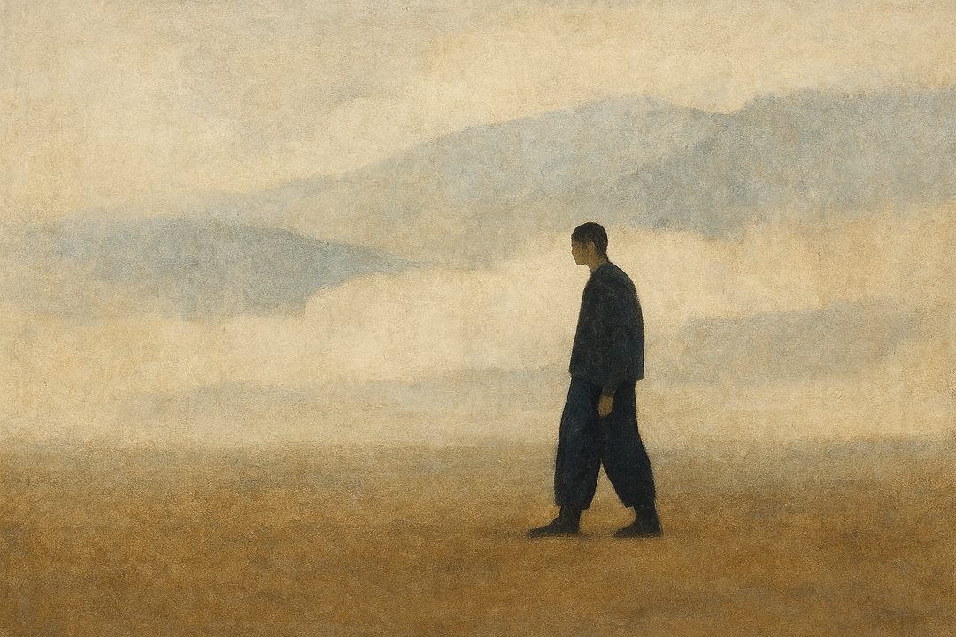 A man dressed in casual Japanese workwear walks through an open, misty landscape, highlighting simplicity, ease of movement, and the quiet continuity between workwear and everyday life.