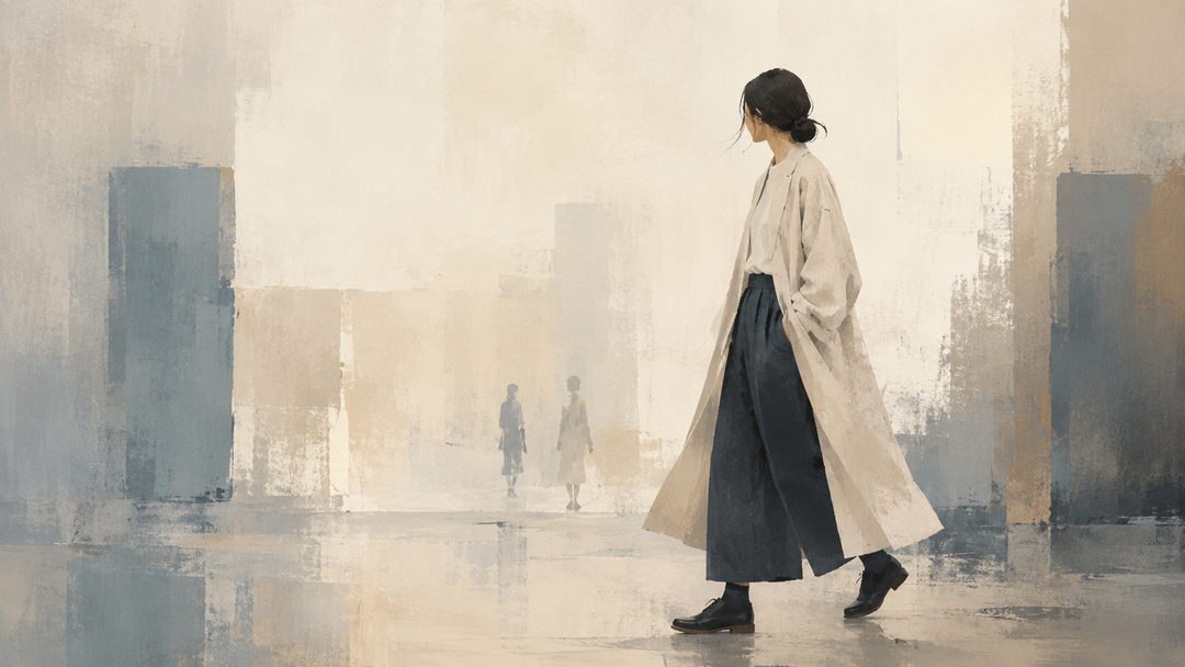 Abstract painting of a Japanese woman in a long light coat and wide dark pants, blending modern urban fashion with understated workwear-inspired styling.