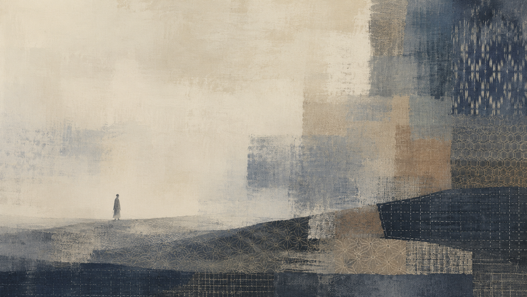 Abstract painting of layered Japanese textile patterns and geometric motifs in faded indigo and beige, evoking traditional symbolism, craftsmanship, and practical workwear use.