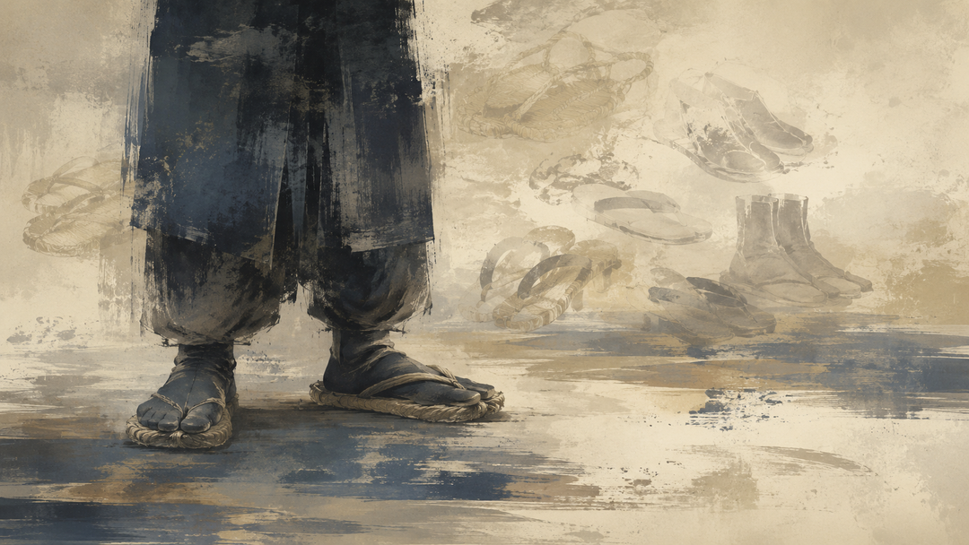 Abstract painting of traditional Japanese footwear, including waraji, zori, and tabi-style shoes, evoking Taisho-era clothing and the footwear seen in Demon Slayer.