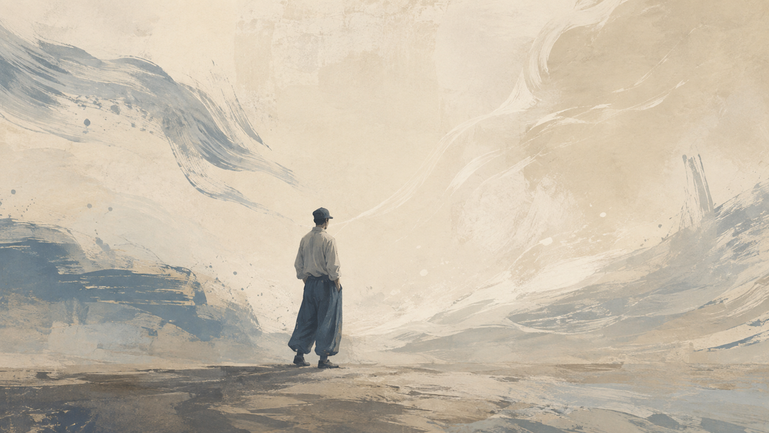 Abstract painting of a worker wearing loose baggy pants in an airy landscape, with flowing forms suggesting ventilation, breathability, and freedom of movement in hot weather.