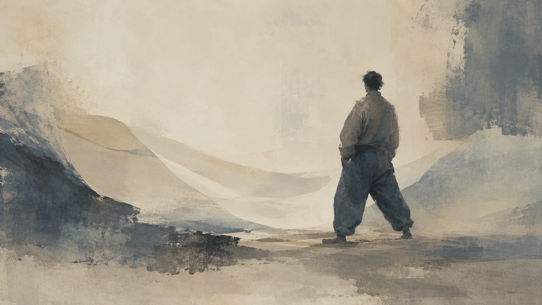 Abstract painting of a worker standing in loose, voluminous pants, emphasizing relaxed thigh room, reduced fabric contact, and freedom of movement.