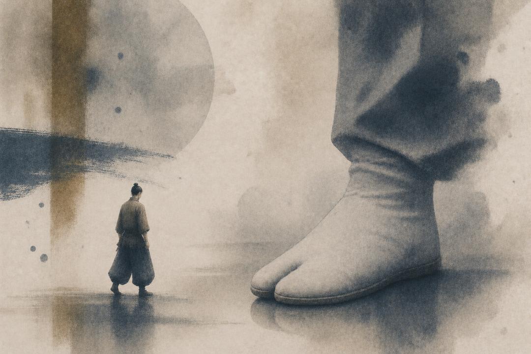Abstract painting of split-toe tabi footwear beside a small standing figure, evoking the fit, pressure points, and adjustment beginners may experience when wearing tabi shoes.