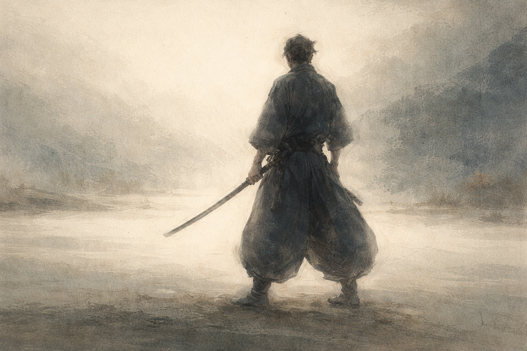 A lone figure in worn tobi pants stands in a misty landscape at dawn, the fabric showing creases and patina that suggest movement, use, and how the garment ages gracefully over time.
