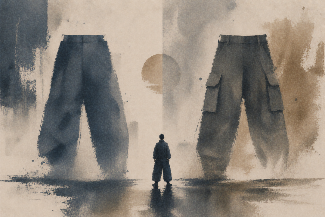 Abstract painting comparing streamlined factory work pants with cargo pants featuring utility pockets, highlighting differences in mobility, storage, and practical workplace function.