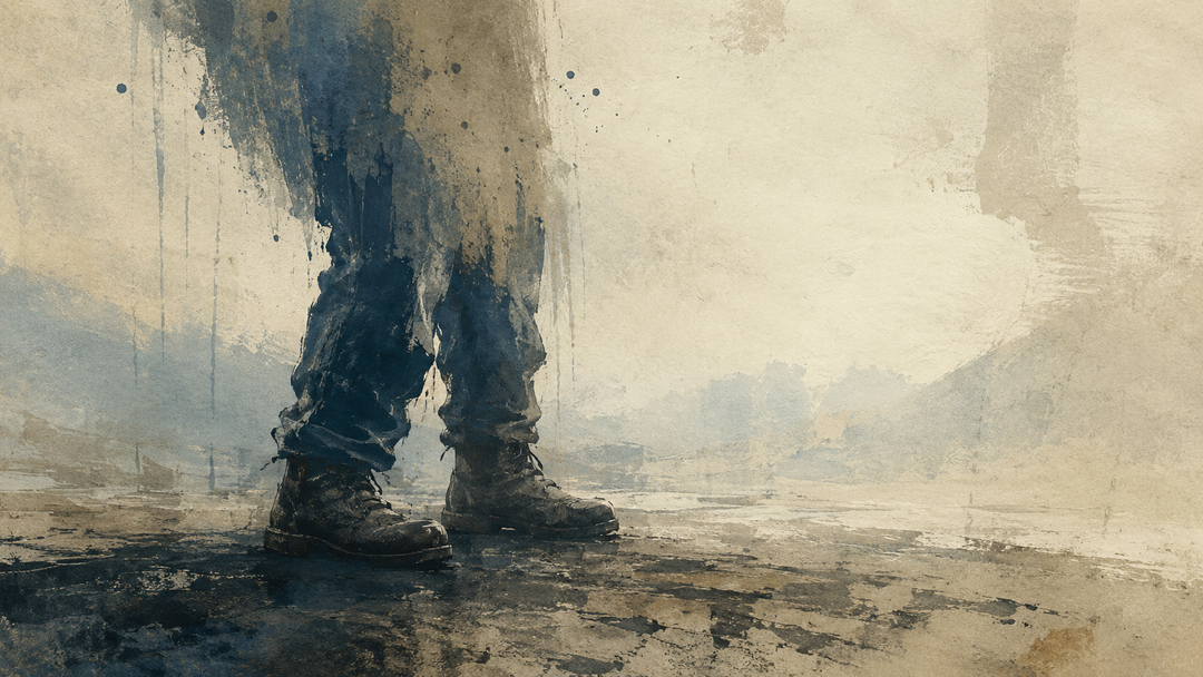 Abstract painting of a worker standing in heavy work boots, with a weighted stance and grounded posture suggesting foot fatigue and strain through the legs and back.