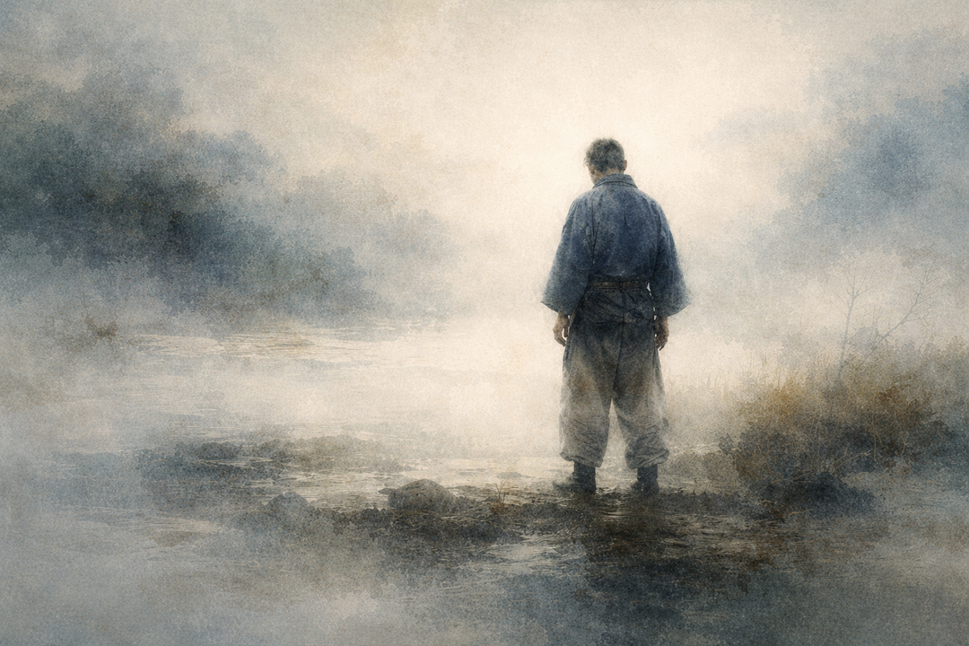 A man stands at the edge of a misty landscape wearing traditional Japanese workwear, symbolizing the transition from worksite utility to everyday street style in the evolution of Japanese workwear.