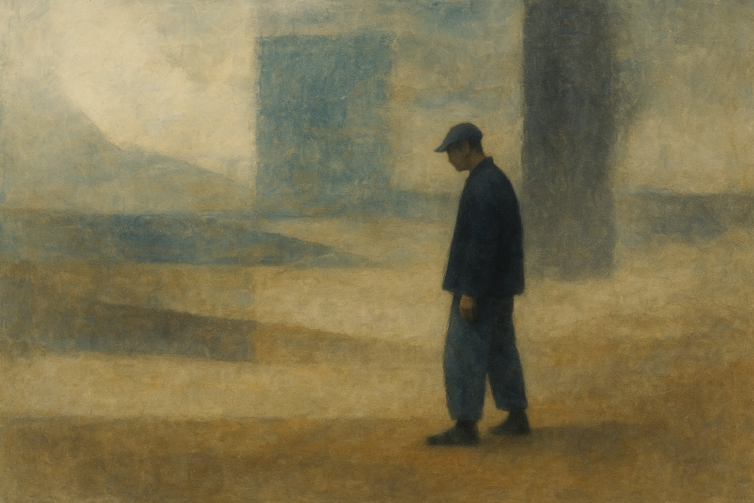 A man wearing functional Japanese workwear walks through a softly layered urban landscape, expressing quiet strength, practicality, and understated design rooted in everyday work culture.