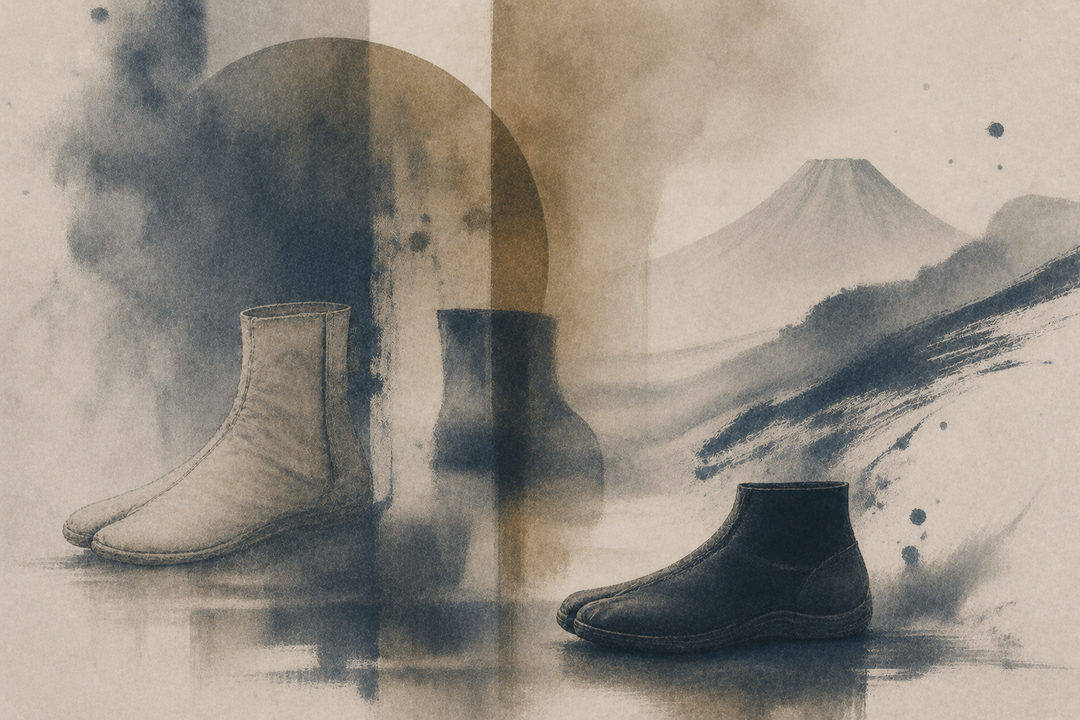 Abstract painting of traditional split-toe tabi and jika tabi footwear, tracing their evolution from historic Japanese dress to modern workwear.