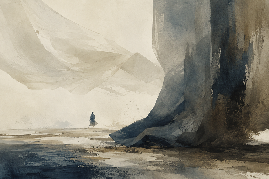 Abstract painting contrasting light, flowing fabric with heavier draped textile forms, evoking how fabric weight changes the movement, structure, and feel of baggy pants.