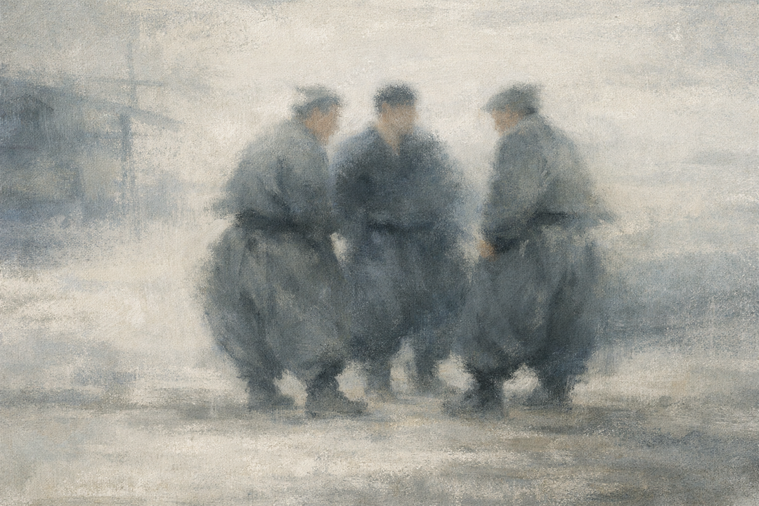 Three people wearing Japanese workwear stand close together in a misty setting, their wide silhouettes and relaxed posture conveying the garments’ weight, freedom of movement, and everyday comfort.