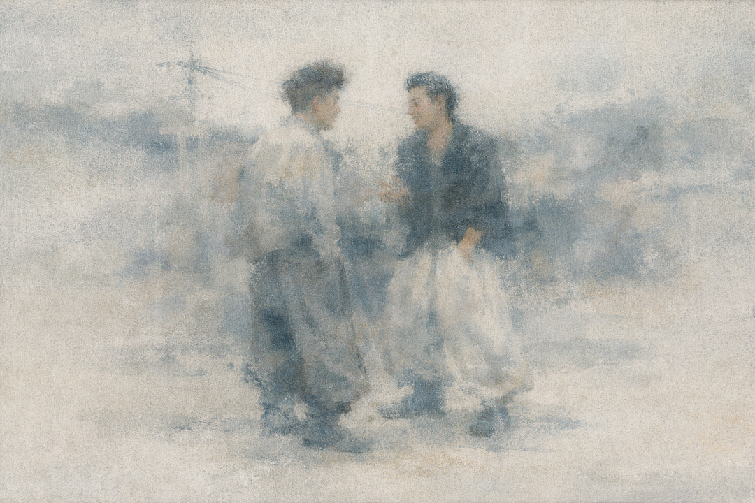 Two people standing and talking outdoors while wearing Japanese workwear, illustrating a relaxed, balanced fit with wide silhouettes that differ from the slimmer, more structured fit typical of Western brands.